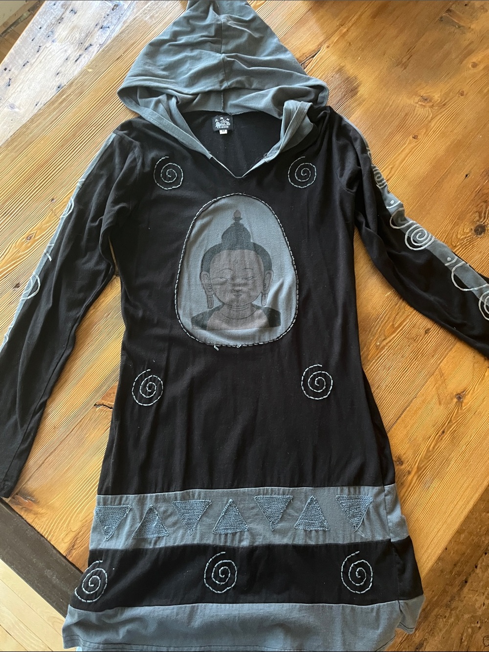 Kids Black & Gray Hooded Tunic with Buddha Motif